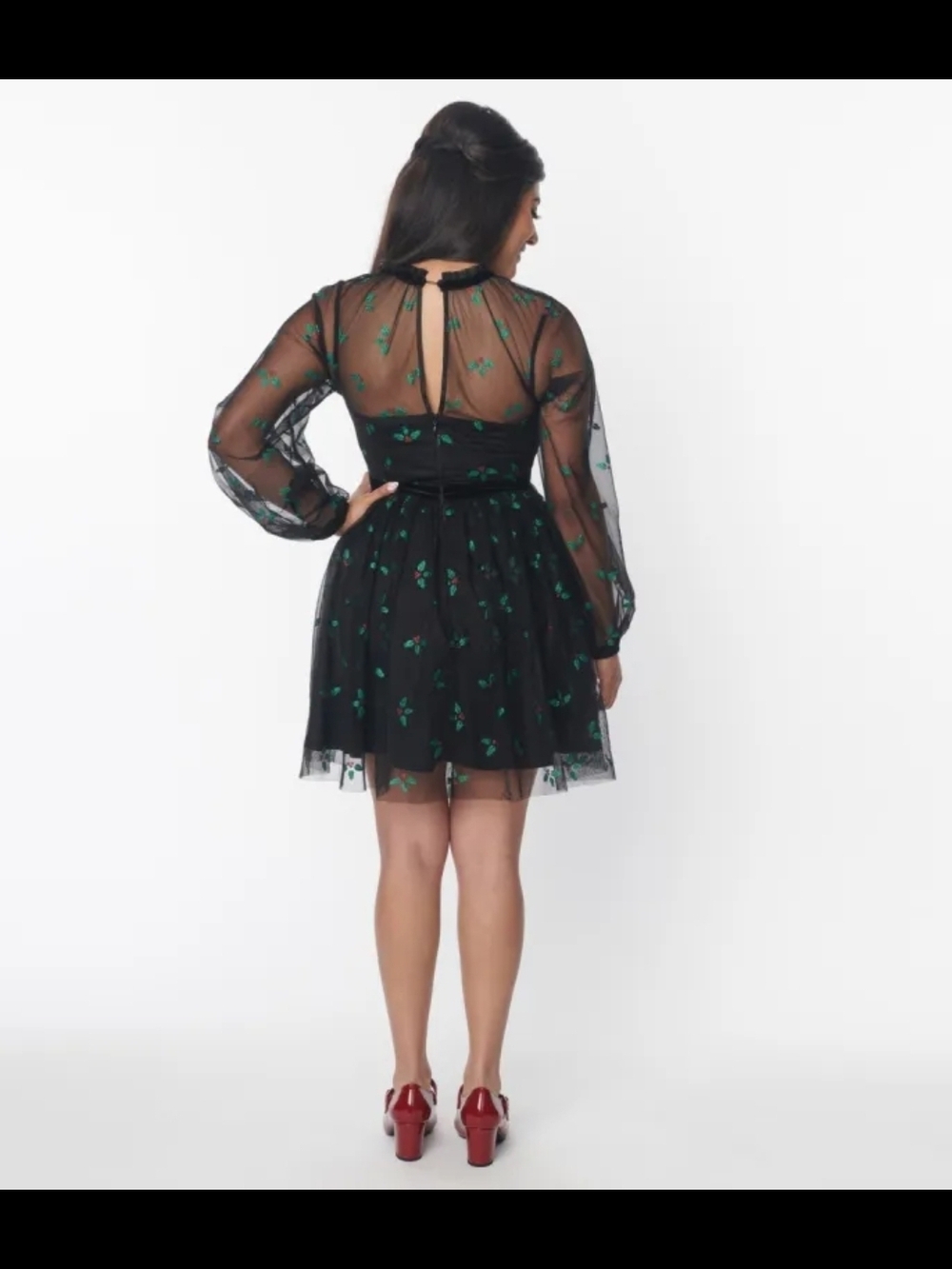 Like New 3X Unique Vintage Black & Glitter Mistletoe Flare Dress - Picture 16 of 16